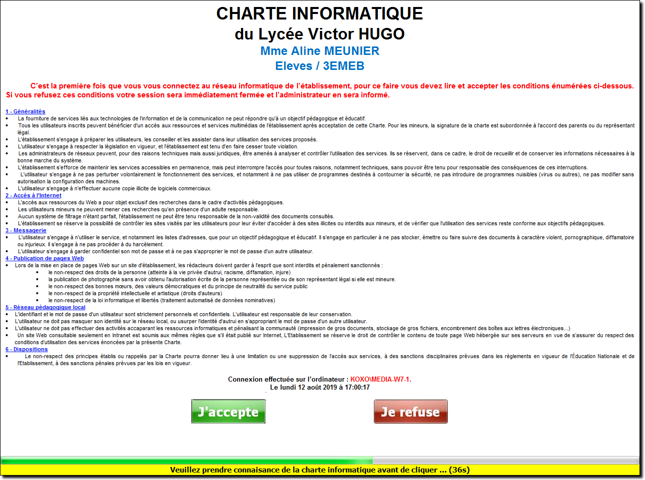 Accepter la charte informatique